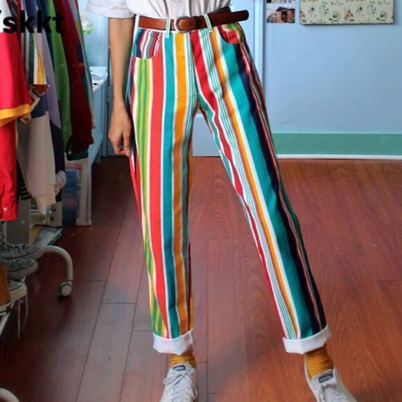 NWT Rainbow Y2k Pants High Waist Bootcut Leg Pants Streetwear Retro Size Small - Picture 2 of 7